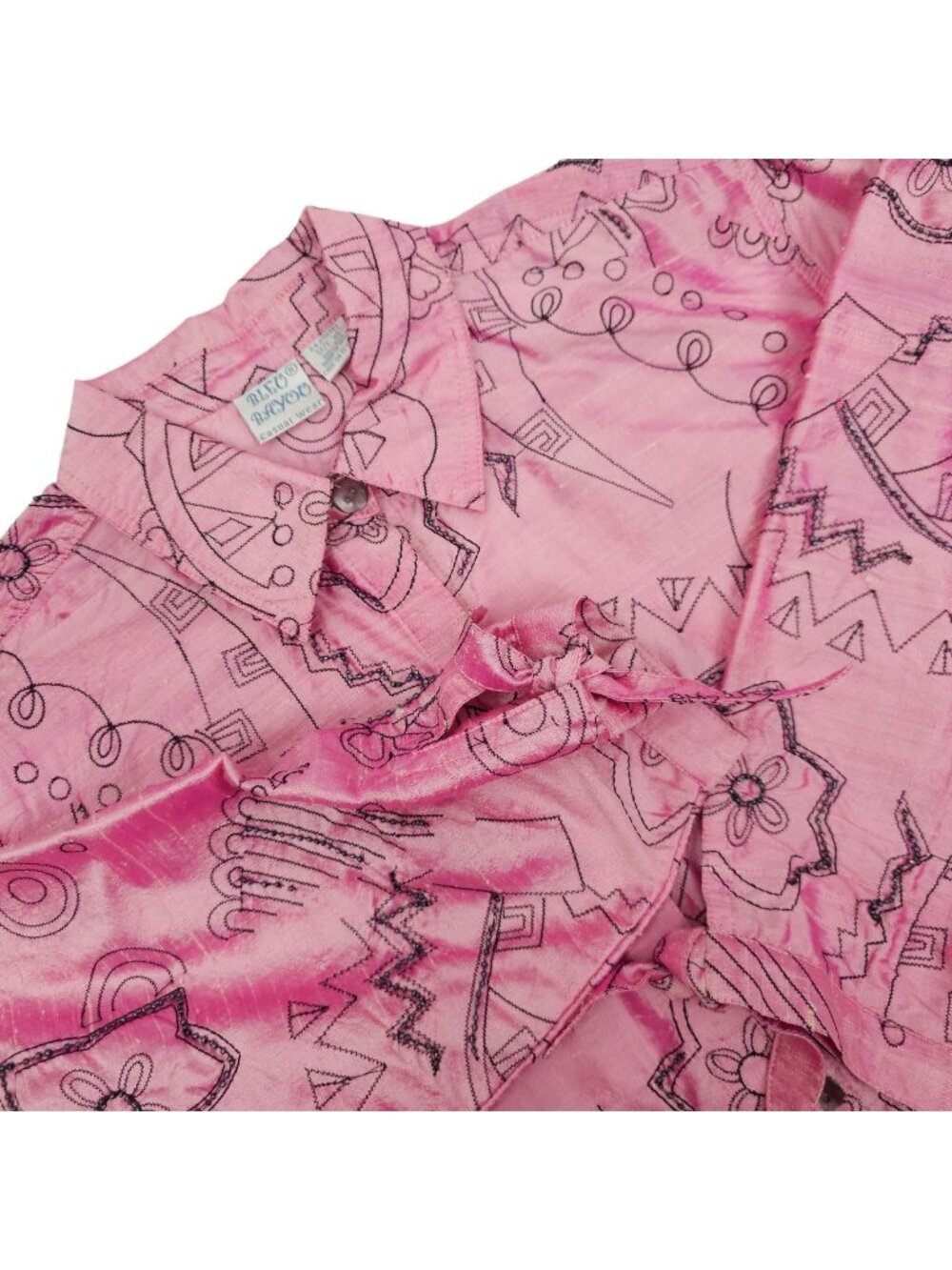 Bleu Bayou Abstract Print Blouse XL Art To Wear Raw Silk Pink Doodle Aesthetic